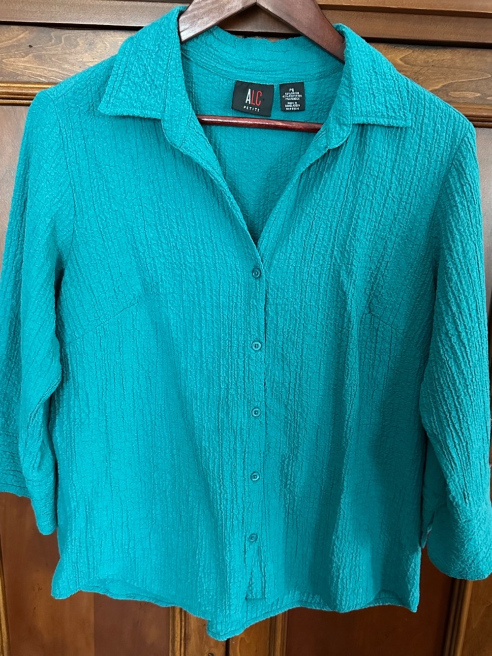 A.L.C. Petites Teal Textured Crinkle 3/4 Sleeve Button Down Top Size PS/M NWOT